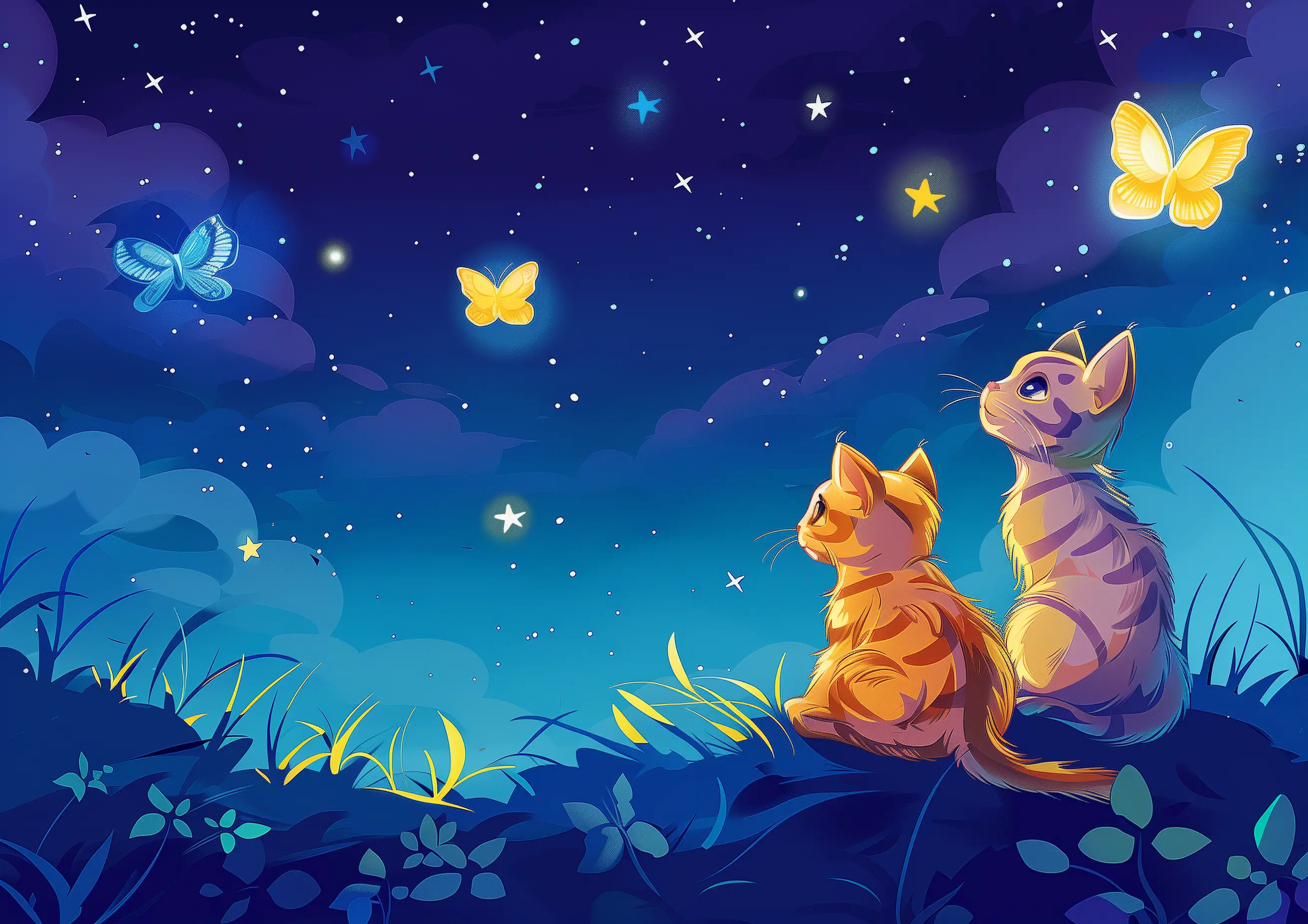 Cats Cartoon Looking at Blue Starry Night